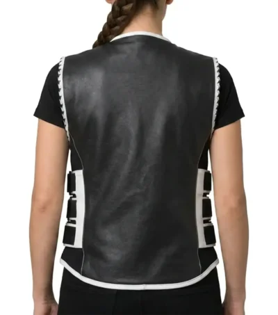 Womens Black and White Quilted Motorcycle Leather Vest back view