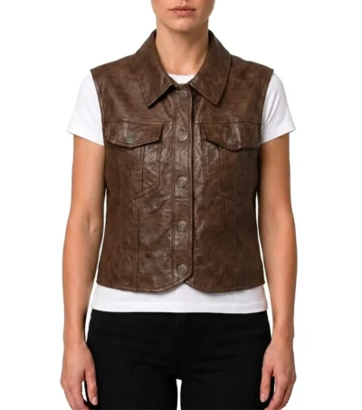 Womens Brown Sheepskin Leather Biker Vest
