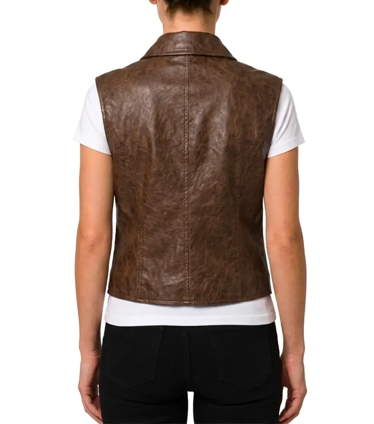 Womens Brown Sheepskin Leather Biker Vest back view