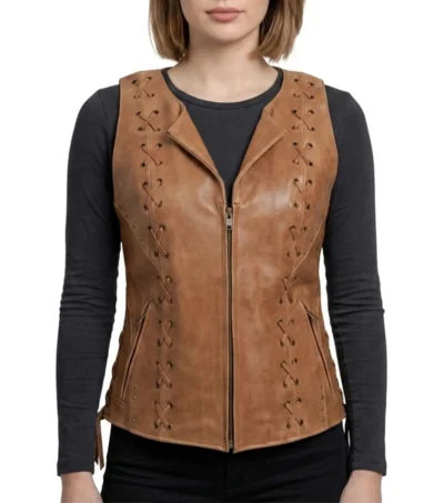 Womens Brown Zipper Motorcycle Leather Vest