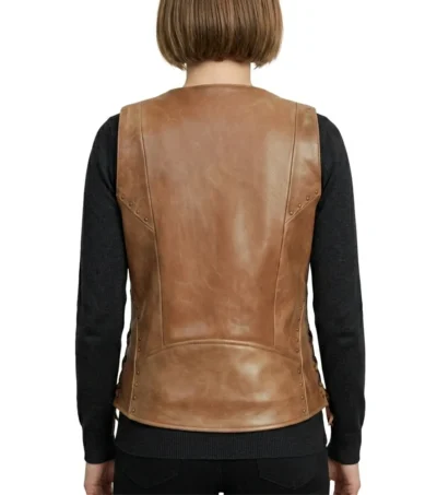 Womens Brown Zipper Motorcycle Leather Vest back