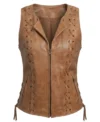 Womens Brown Zipper Motorcycle Leather Vest front