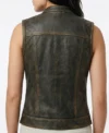 Womens Distressed Brown Stand Collar Leather Motorcycle Vest back view full