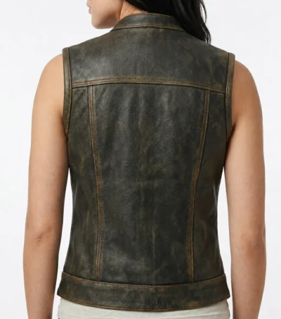 Womens Distressed Brown Stand Collar Leather Motorcycle Vest back view full