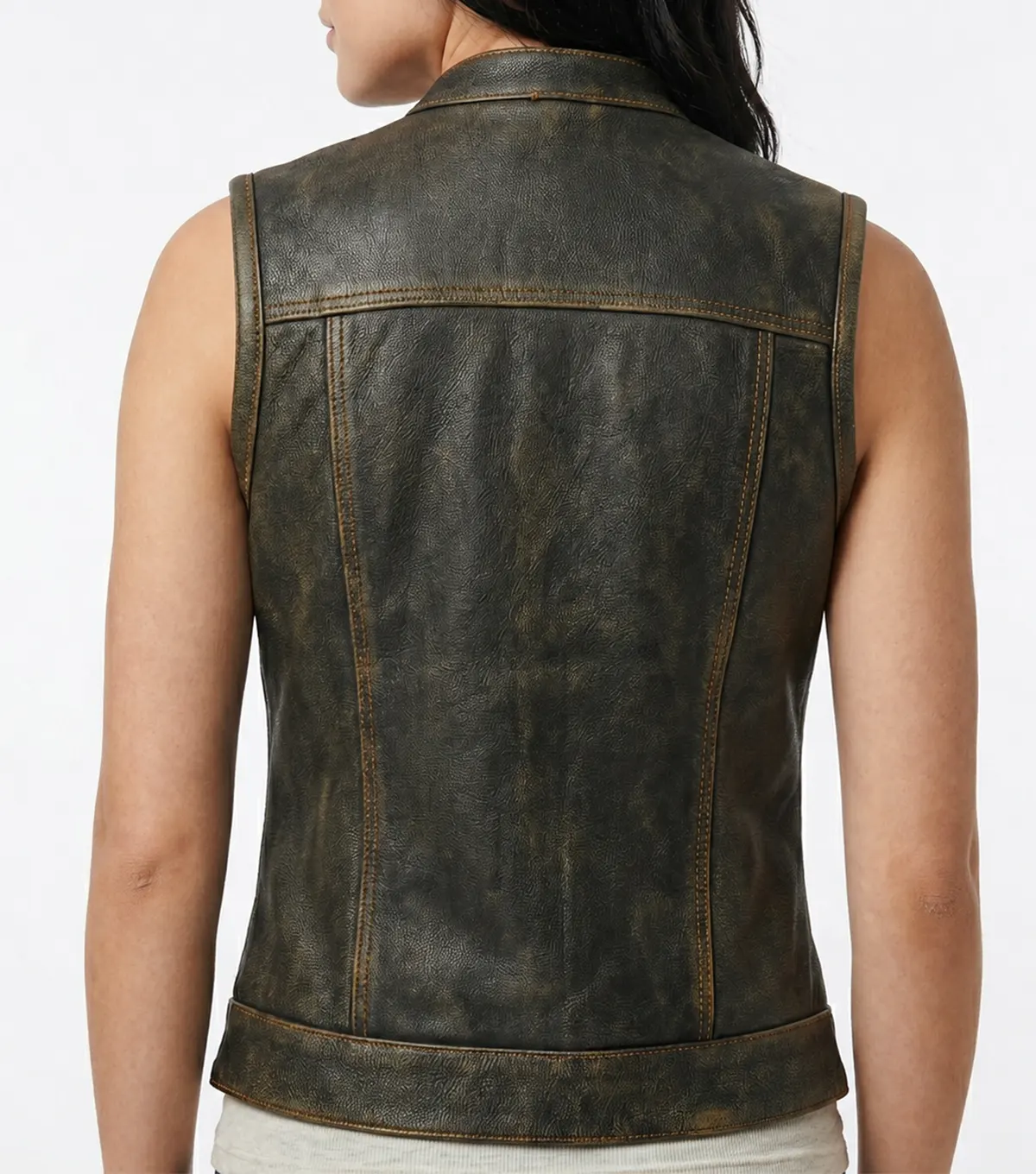 Womens Distressed Brown Stand Collar Leather Motorcycle Vest back view full