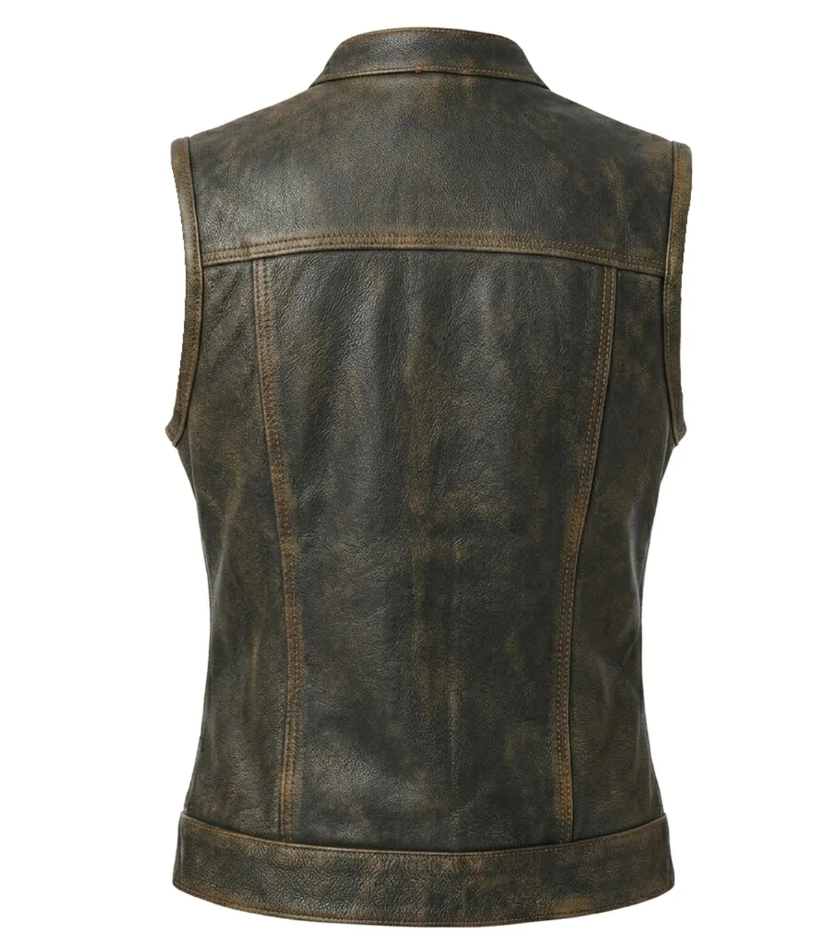 Womens Distressed Brown Stand Collar Leather Motorcycle Vest back