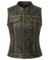 Womens Distressed Brown Stand Collar Leather Motorcycle Vest front