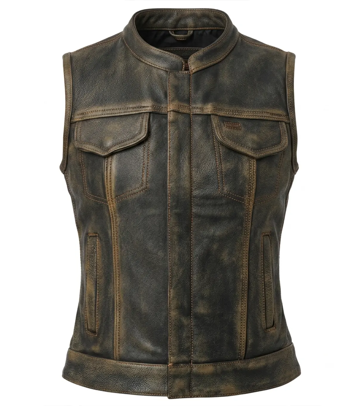 Womens Distressed Brown Stand Collar Leather Motorcycle Vest front