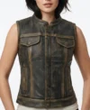 Womens Distressed Brown Stand Collar Leather Motorcycle Vest