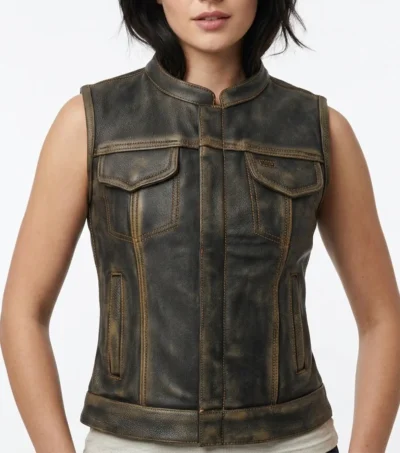 Womens Distressed Brown Stand Collar Leather Motorcycle Vest