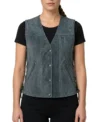 Womens Grey Distressed Leather Biker Vest with Side Lacing