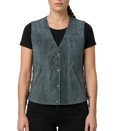 Womens Grey Distressed Leather Biker Vest with Side Lacing