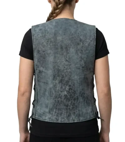 Womens Grey Distressed Leather Biker Vest with Side Lacing back view
