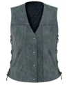 Womens Grey Distressed Leather Biker Vest with Side Lacing front