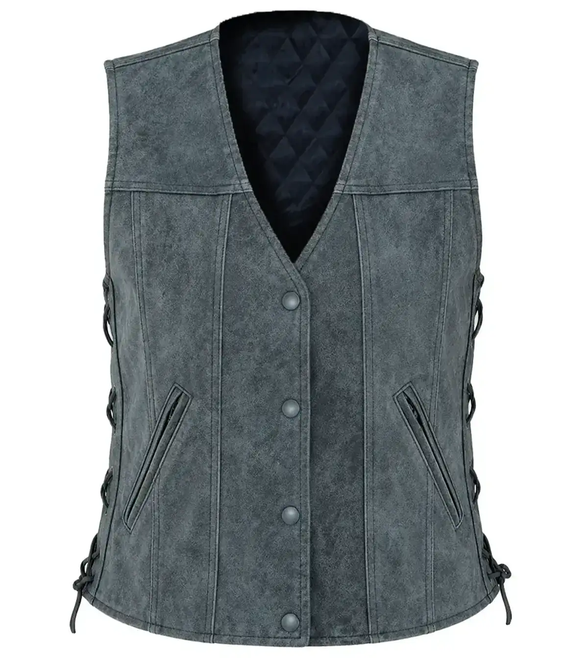 Womens Grey Distressed Leather Biker Vest with Side Lacing front