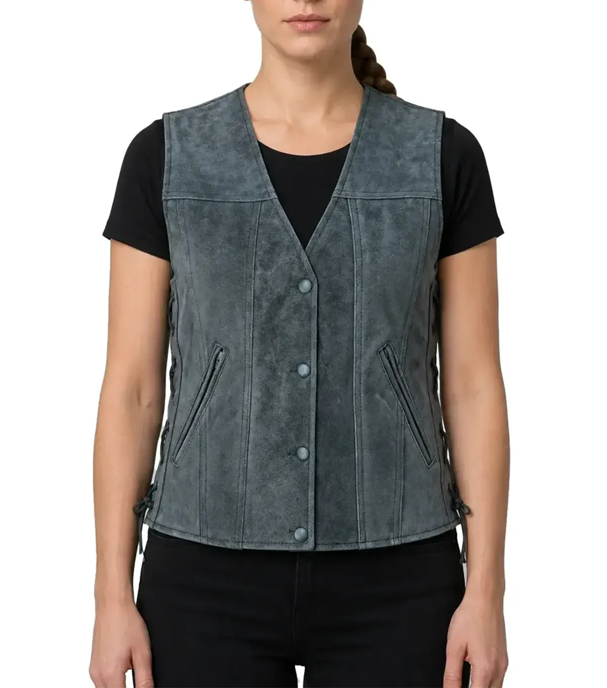 Womens Grey Distressed Leather Biker Vest with Side Lacing
