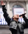 Alicia Keys New York Knicks Parade 2026 Cropped Black Leather Jacket Closeup