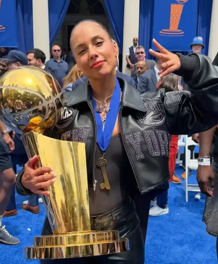 Alicia Keys New York Knicks Parade 2026 Cropped Black Leather Jacket Front