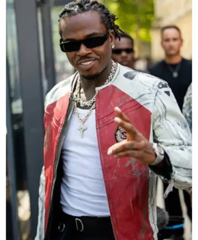 American Rapper Gunna Paris Fashion Week 2026 White and Red Leather Motorcycle Jacket Closeup