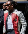 American Rapper Gunna Paris Fashion Week 2026 White and Red Leather Motorcycle Jacket Right