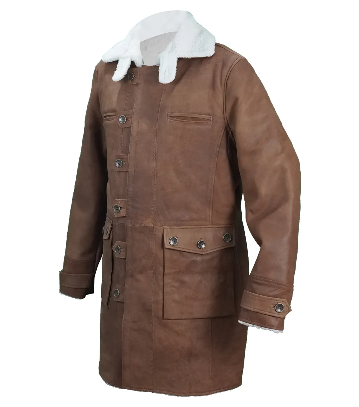 Bane Men's Brown Shearling Lined Long Leather Coat front side view