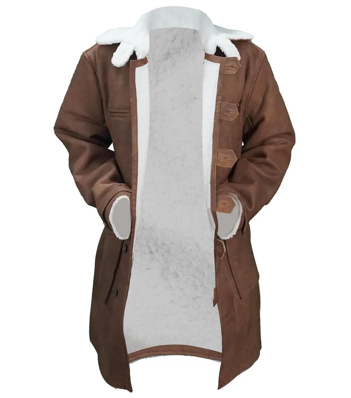 Bane Men's Brown Shearling Lined Long Leather Coat open front