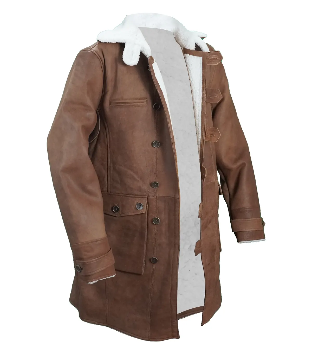Bane Men's Brown Shearling Lined Long Leather Coat side pose
