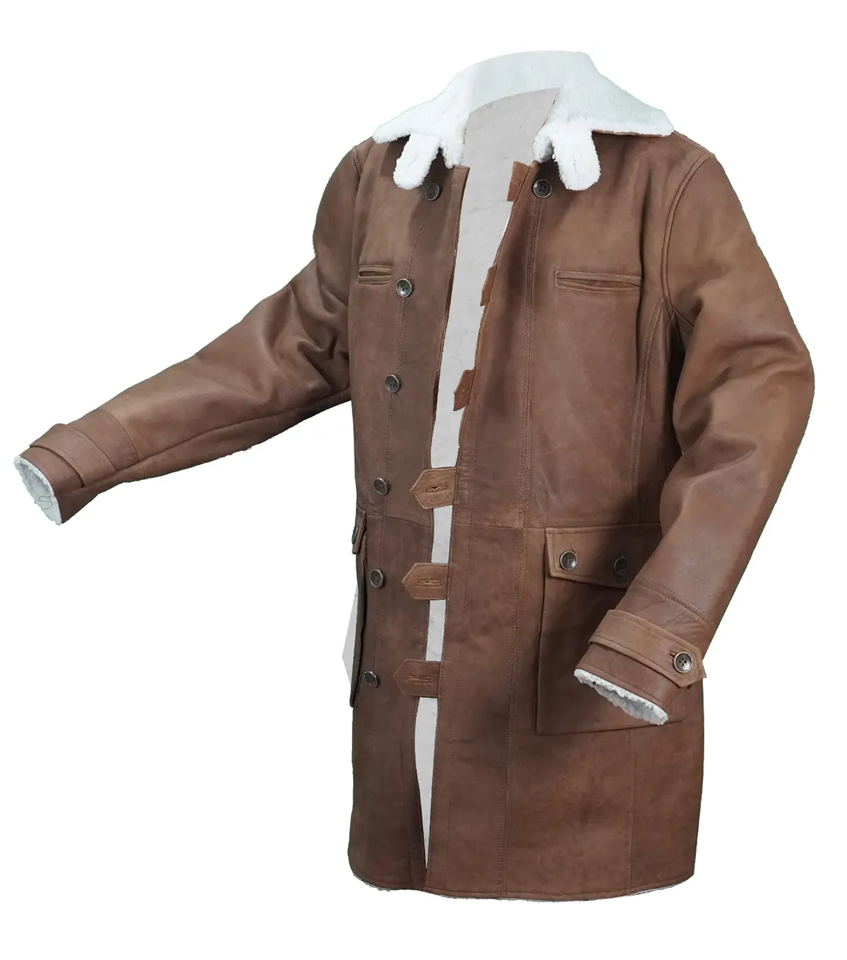 Bane Men's Brown Shearling Lined Long Leather Coat side view