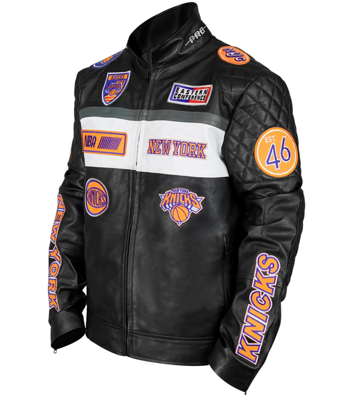 Buy New York Knicks Moto Black Genuine Leather Jacket