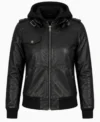 Buy Womens Black Bomber Leather Jacket with Removable Hood