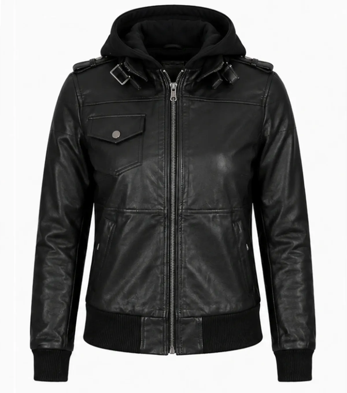 Buy Womens Black Bomber Leather Jacket with Removable Hood