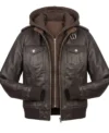 Buy Womens Brown Hooded Leather Bomber Jacket with Ribbed Cuffs