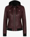 Buy Womens Burgundy Bomber Real Leather Jacket with Removable Hood