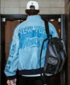 Cam Schlittler New York Knicks Blue Leather Bomber Jacket for Men and Women Back