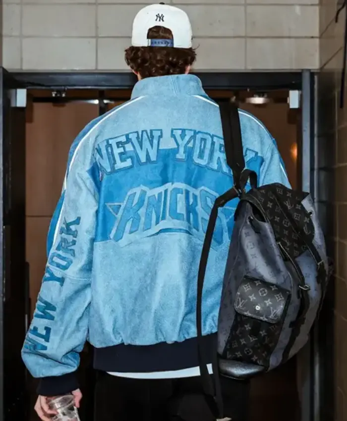 Cam Schlittler New York Knicks Blue Leather Bomber Jacket for Men and Women Back