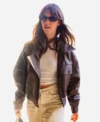 Daisy Edgar-Jones Roissy Airport Paris 2026 Dark Brown Leather Jacket