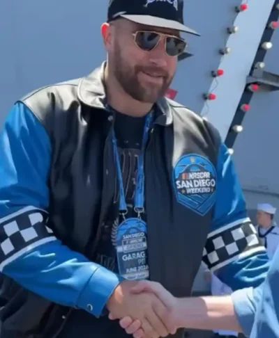 Get NASCAR San Diego 2026 Travis Kelce Blue and Black Leather Jacket For Men and Women