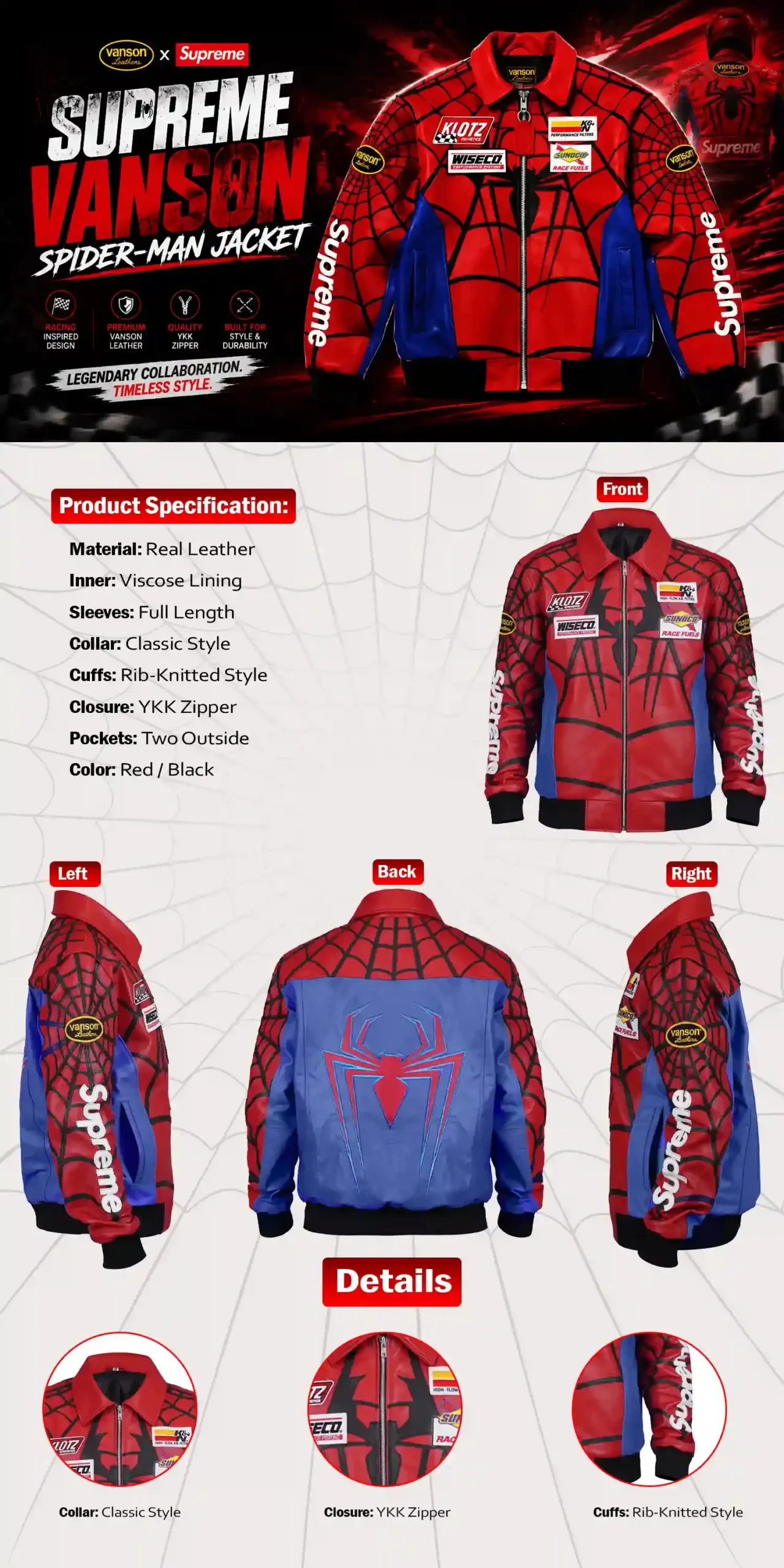 Supreme x Vanson Spider-Man Jacket infograph