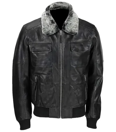 Mens Vintage Black Bomber Detachable Fur Collar Jacket