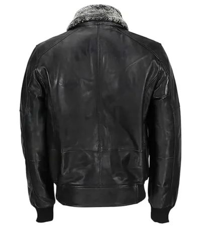 Mens Vintage Black Bomber Detachable Fur Collar Jacket back