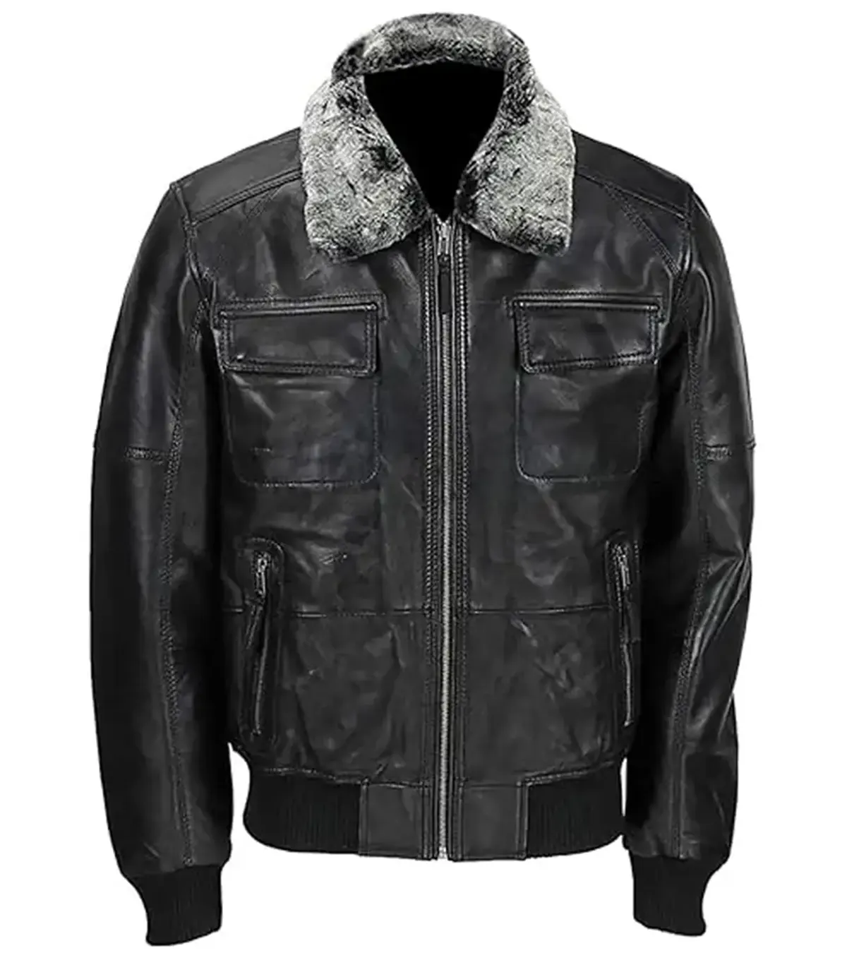 Mens Vintage Black Bomber Detachable Fur Collar Jacket