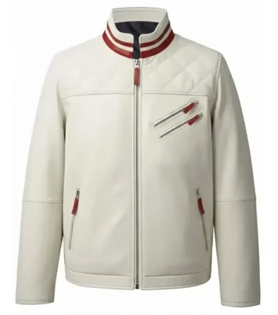 Men's White Quilted Leather Motorcycle Biker Jacket