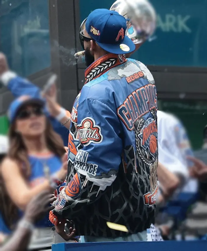New York Knicks Championship Parade 2026 Karl-Anthony Towns Knicks Leather Jacket Back