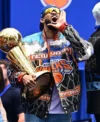 New York Knicks Championship Parade 2026 Karl-Anthony Towns Knicks Leather Jacket Closeup