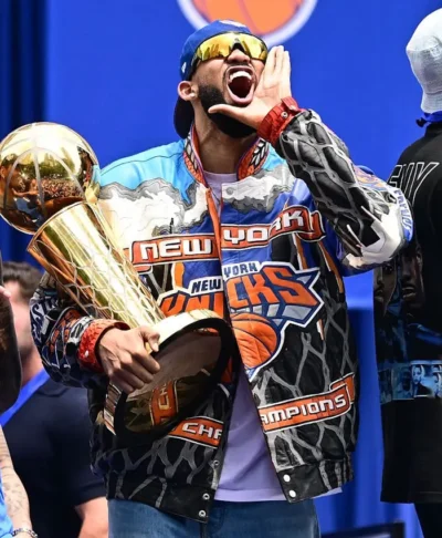 New York Knicks Championship Parade 2026 Karl-Anthony Towns Knicks Leather Jacket Closeup