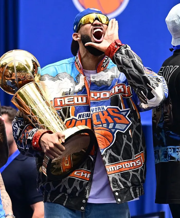 New York Knicks Championship Parade 2026 Karl-Anthony Towns Knicks Leather Jacket Closeup