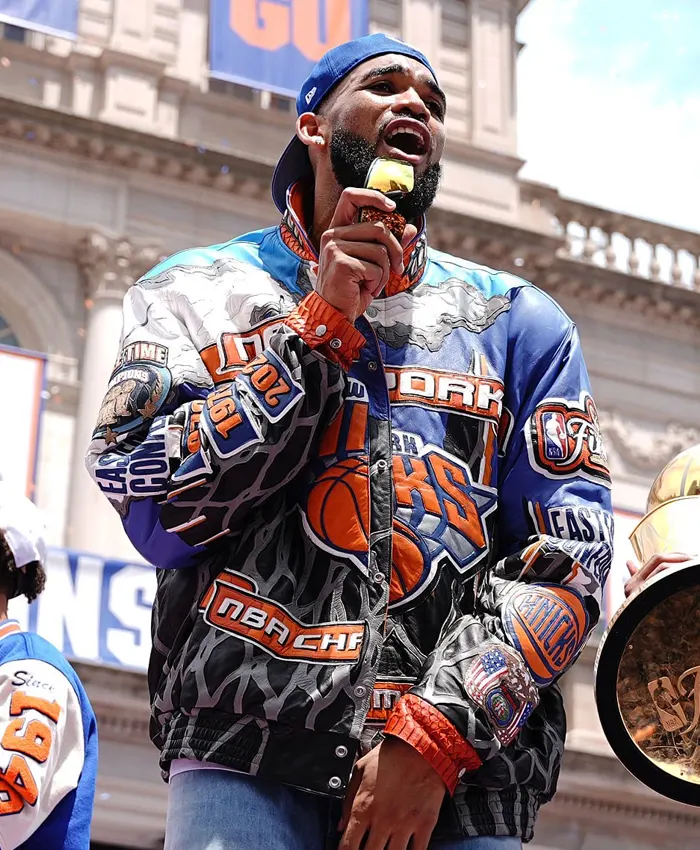 New York Knicks Championship Parade 2026 Karl-Anthony Towns Knicks Leather Jacket Front
