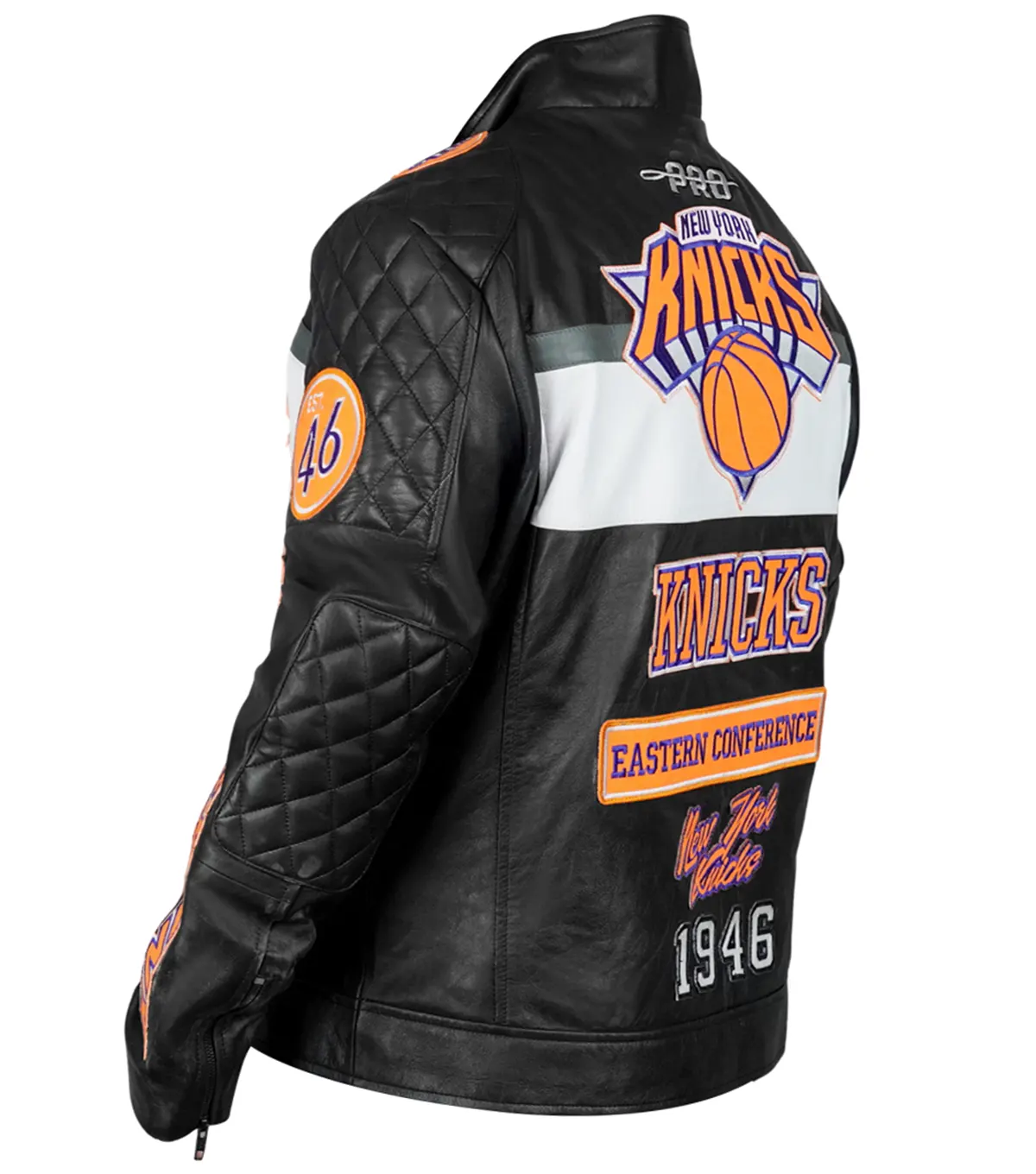 New York Knicks Moto Black Genuine Leather Jacket back side