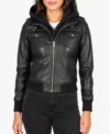 Roslyn Black Hooded Real Leather Bomber Jacket