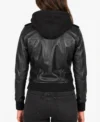 Roslyn Black Hooded Real Leather Bomber Jacket back pose